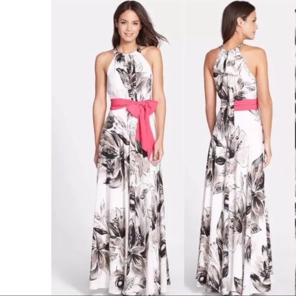 Eliza J Floral Print Chiffon Halter Maxi Dress
